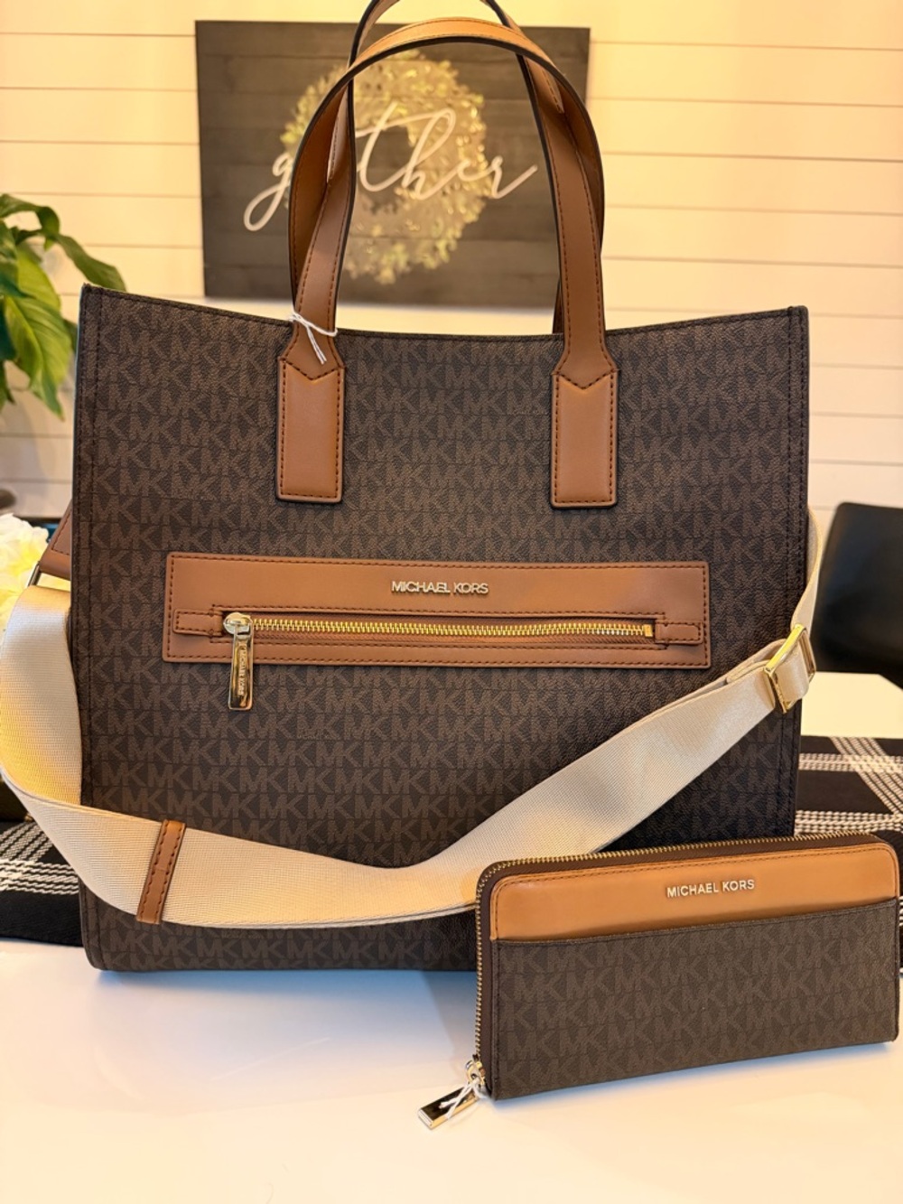 Michael Kors Brown Monogram Tote with Tan Trim and Cream Strap plus Wallet